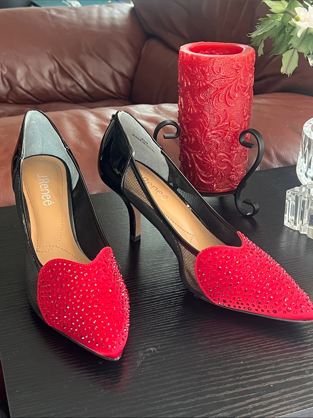 J. Renee Coopid Red Crystal Heart Black Patent Mesh Heels Size 8.5